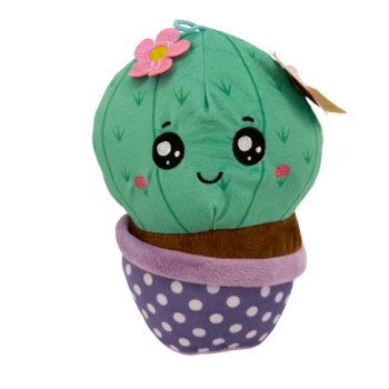 Runder grüner Plüsch-Kaktus mit Blüte im lila-weiß gepunkteten Topf, ca. 23 cm